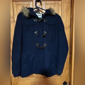 Navy Toggle Coat with Faux Fur Hood
